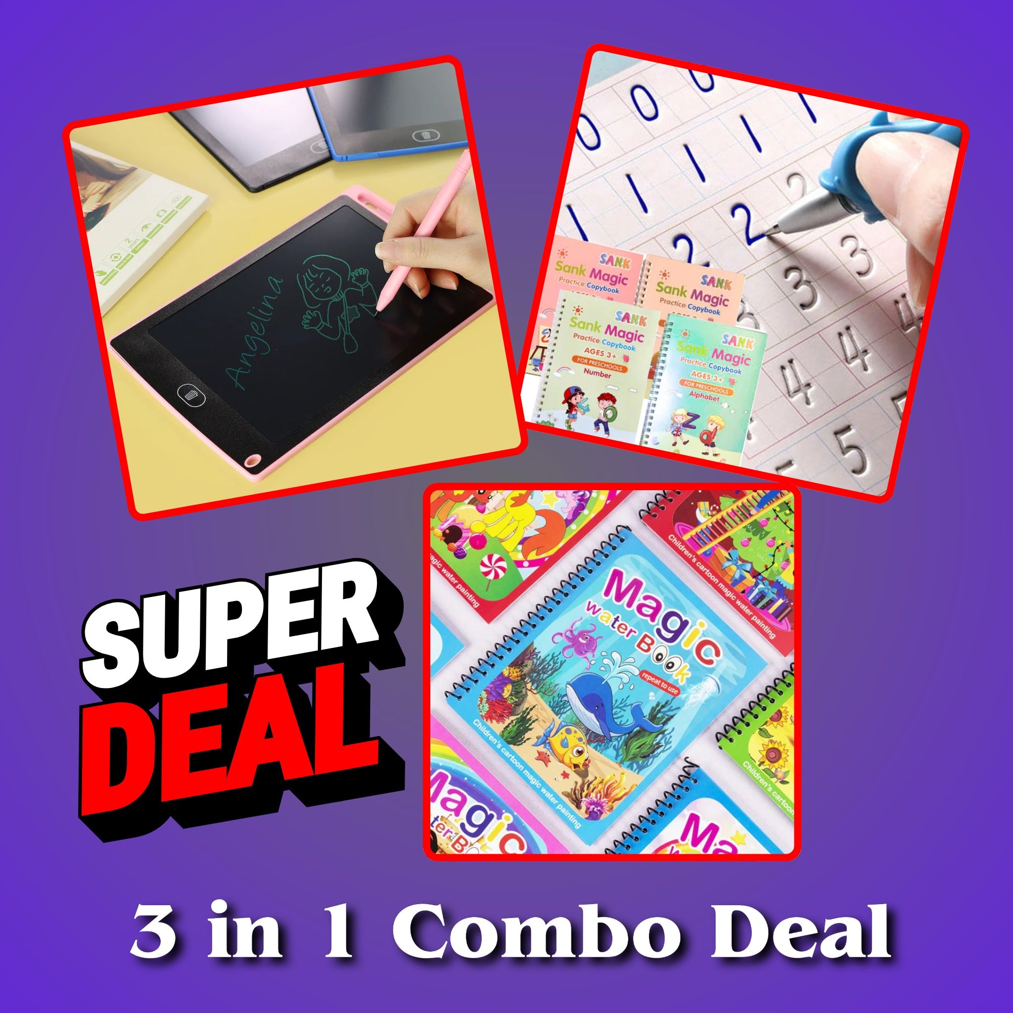 3 in 1 - Kids Learning Deal (4 Sank Magic Book + Water Magic Book + 8.5 Inches Writing Tablet)